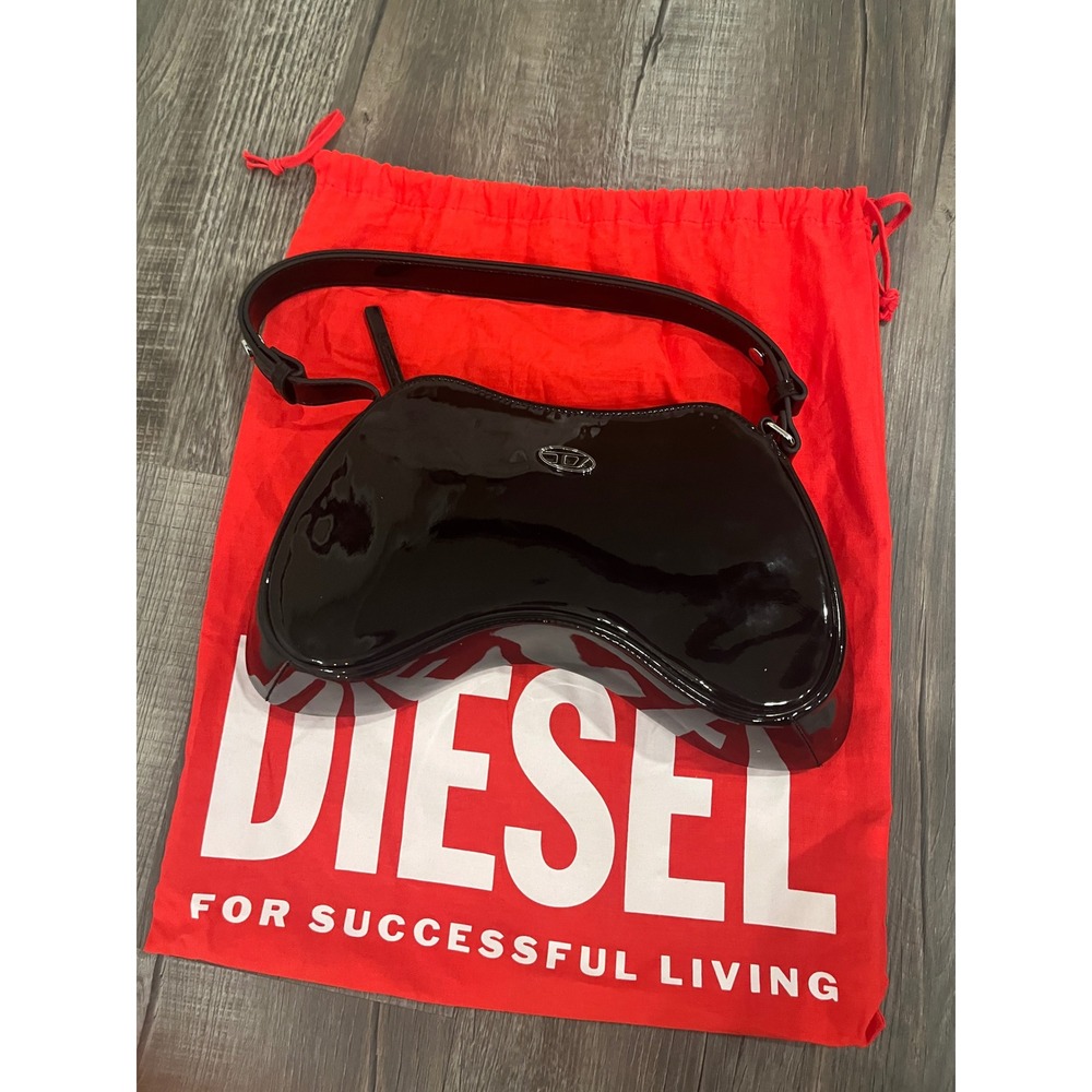 Diesel 1DR-Pod Black Patent Leather Shoulder Bag Oval D Logo Y2K Curved Purse